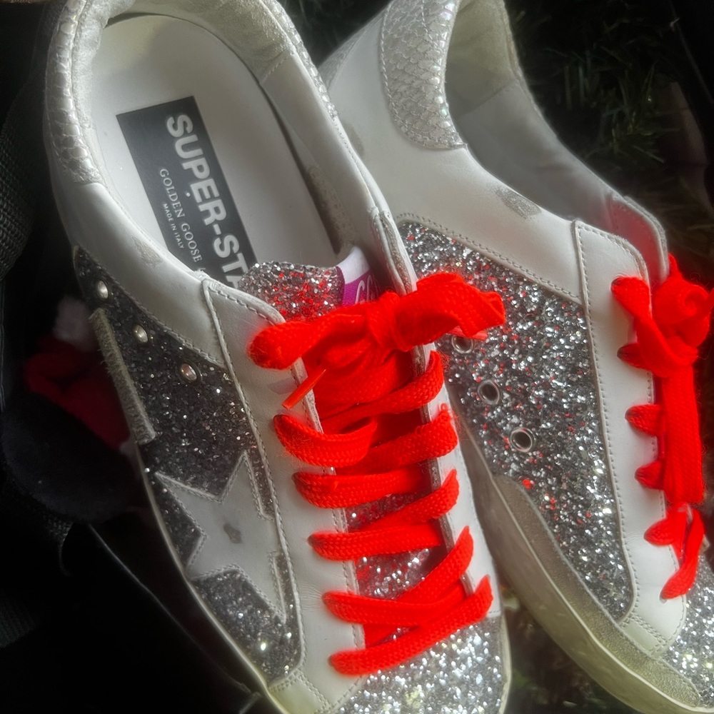 Golden Goose Glitter Sneakers with Bright Red /orange Laces